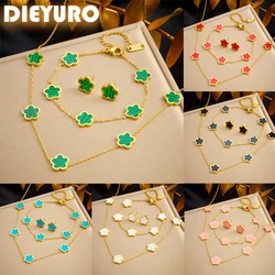 DIEYURO 316L Stainless Steel Colorful Five Leaf Flowers Necklace Bracelet Earrings Suit Womens New Trend Non-fading Jewelry Set