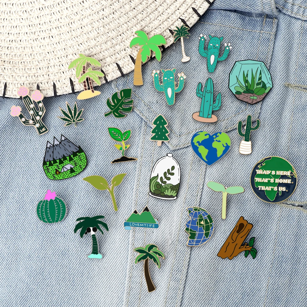 Green Heart Shape Earth Brooch Enamel Pin Creative Plant Seed Sapling Coconut Tree Maple Leaf Cactus Forest Mountain Denim Badge