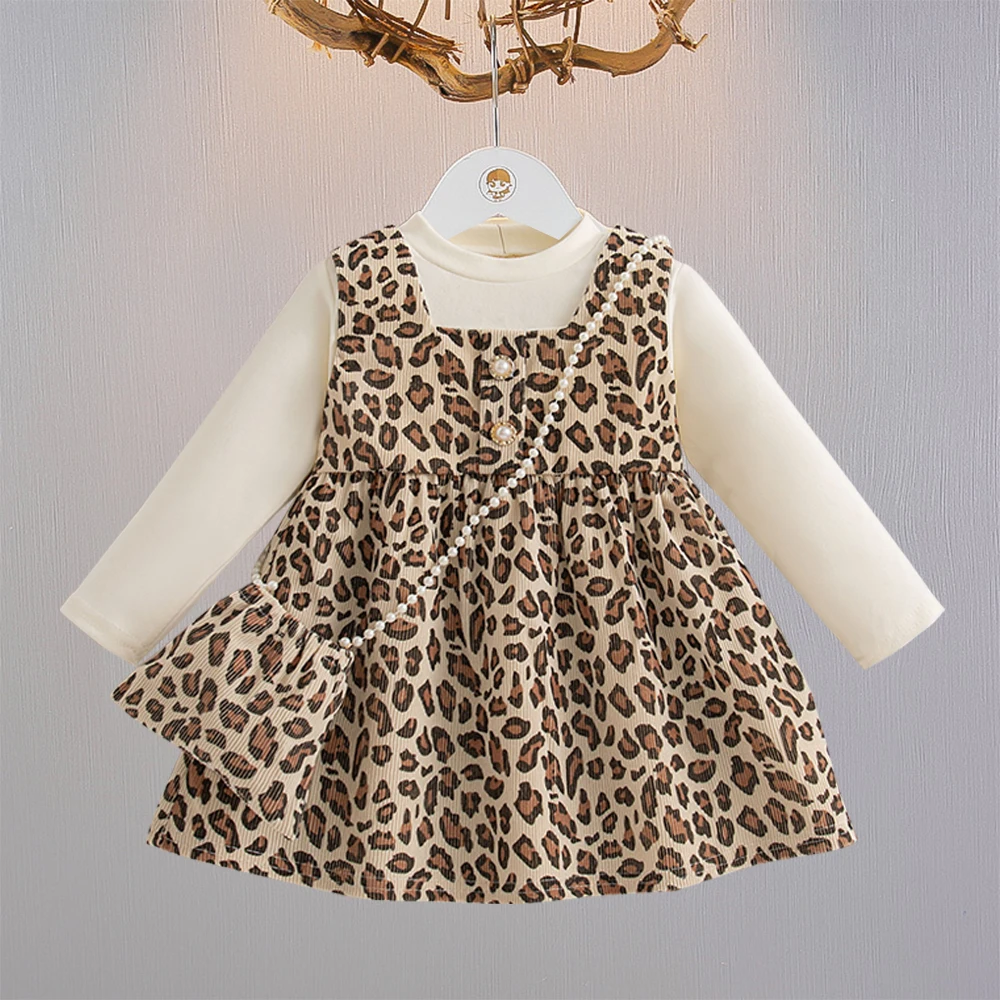الخريف الوليد الفتيات فستان قطعة واحدة كم طويل ليوبارد طباعة فستان الأميرة الطفل + حقيبة وهمية 2 قطعة عادية 1-3Y طفل Clothig