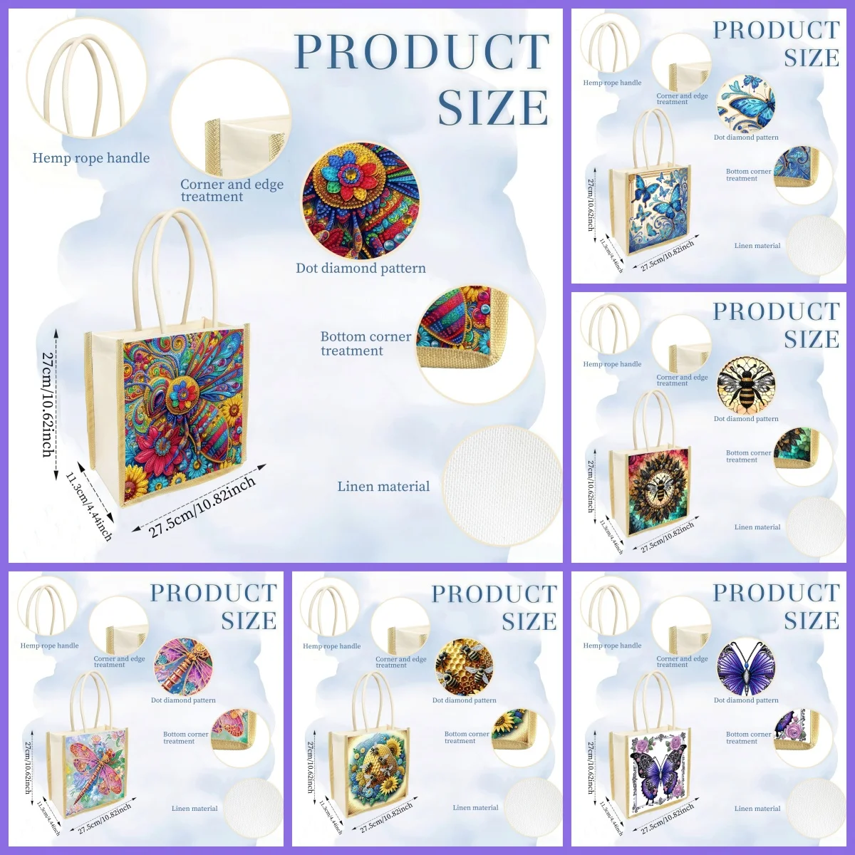 1 Piece of Diamond Painting Kit, Tote Bag, Insect Pattern, Canvas Material, Interchangeable Pattern, Daily Outing, Holiday Gift