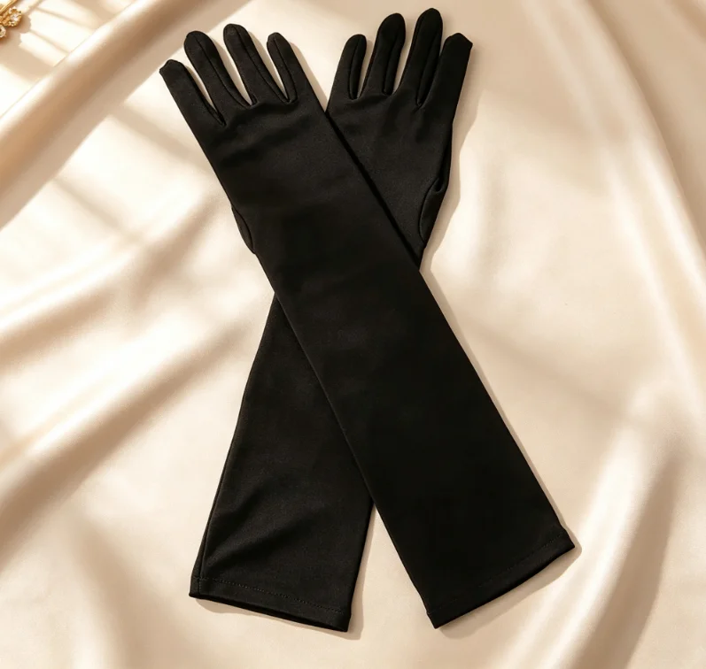 Black Stretch Long Satin Opera Gloves, Elbow Length Smooth Evening Gloves for Halloween Costume Party Wedding Prom Dress Accessories