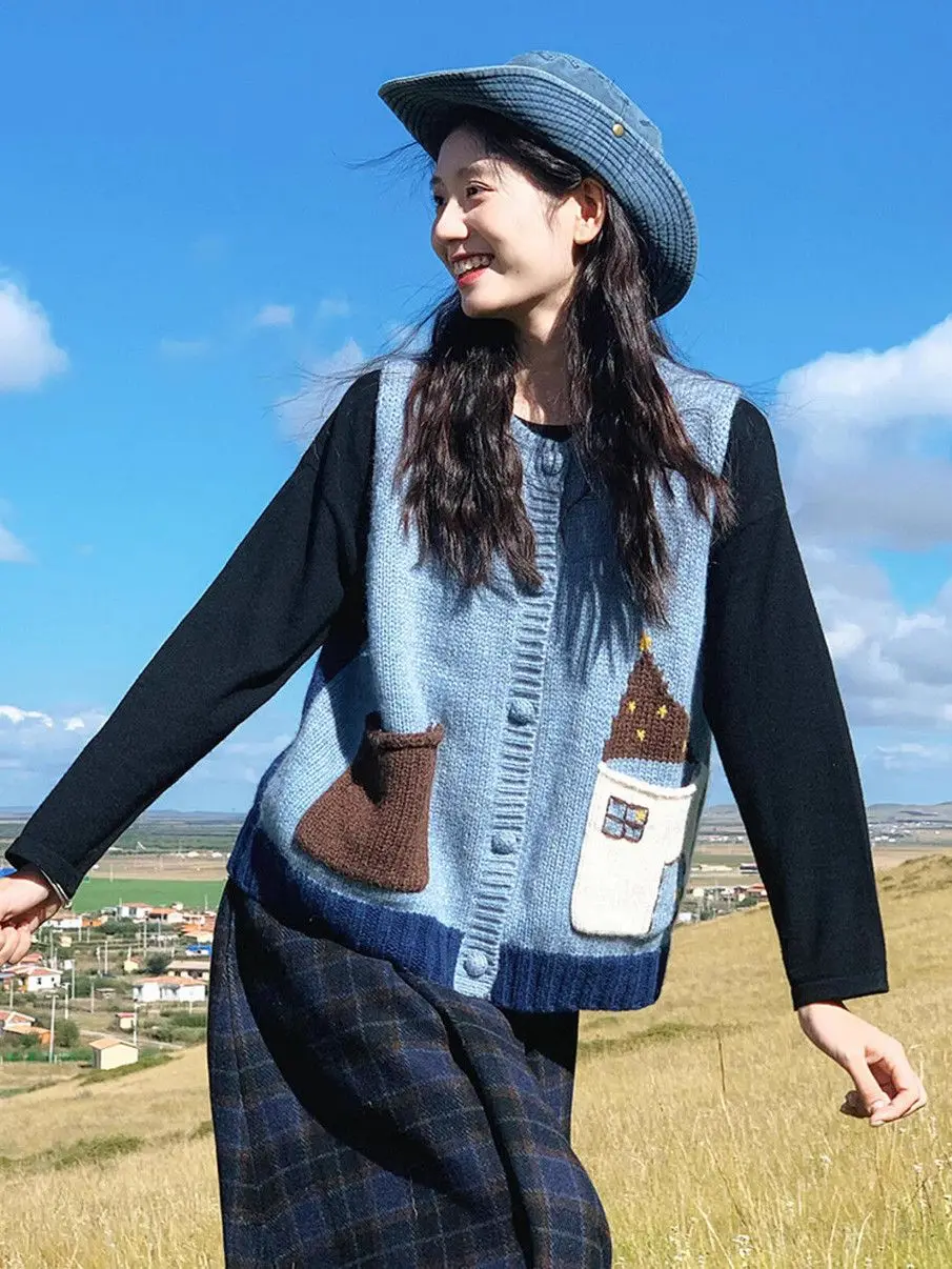 

French Vintage Blue Cartoon Vest 2025 Autumn Soft Knit Cardigan Coquette Aesthetic Lazy Style Womens Fashion