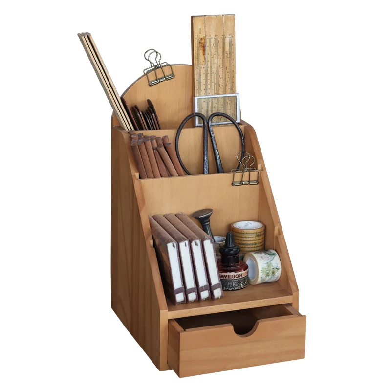 

письменный стол, деревянный ящик для хранения в стиле ретро, отделка стола, многослойный держатель для ручек, полка, настольная маленькая книжная полка