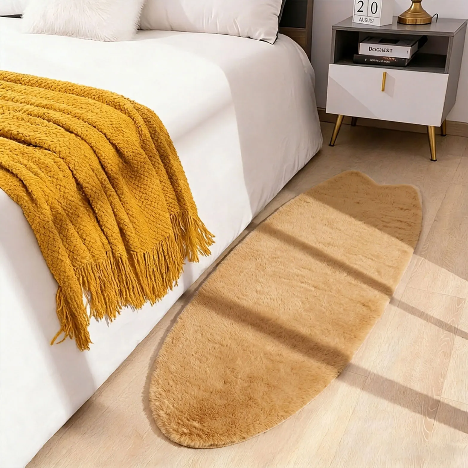 A Gentle Khaki Surfboard-Shaped Faux Rabbit Fur Long Rug, Luxurious and Soft, Non-Slip, Bedside Ambiance Plush Decorative Floor Mat