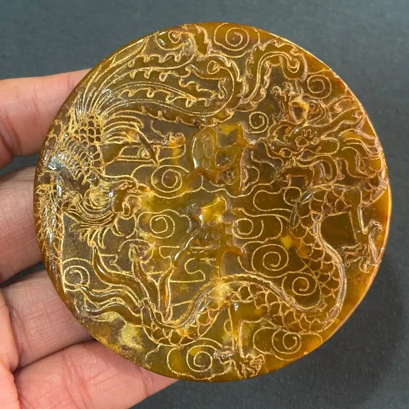 Antique Xiuyu Jade Carving Exquisite Dragon and Phoenix Relief Handle Piece Crafts Feng Shui