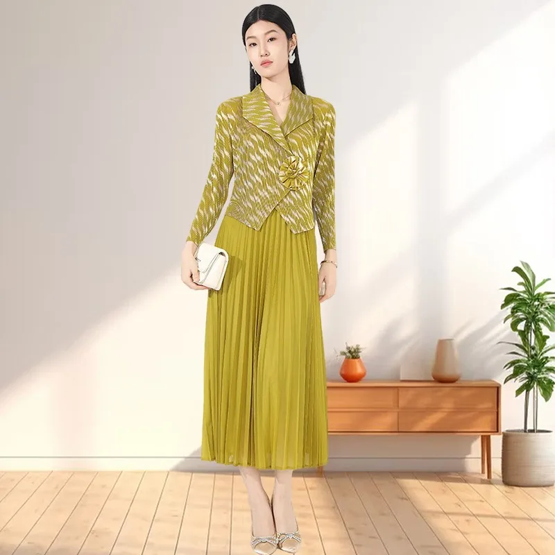 

Pleated Plus Size Women's Dress Miyake Long Sleeve Stretchy Suit Neck Pullover Temperament Stretchy Long Dresses Wrinkle-Free