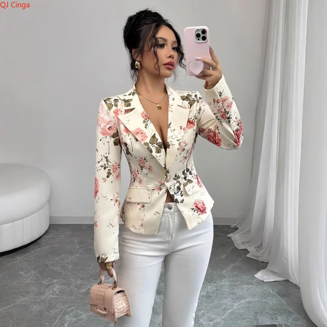 

2026 New Collection Women's White Printed Blazer Jacket Stylish Slim-Fit Outerwear Asian Sizes Casual Coat S-XXL.