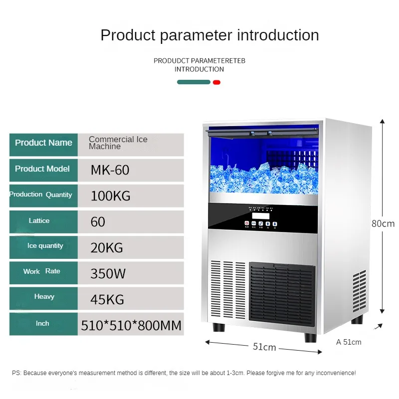 Fully Automatic Commercial Square Ice Machine 45KG/68kg/100kg Per Day, Milk Tea and Bar Universal