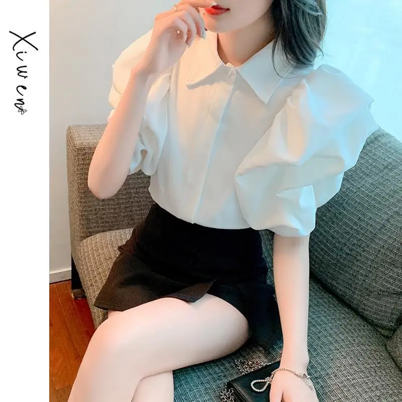 Vintage Polo Neck Black Button Blouse Summer New Short Sleeve Solid Color All-match Shirt Tops Fashion Sweet Women Clothing