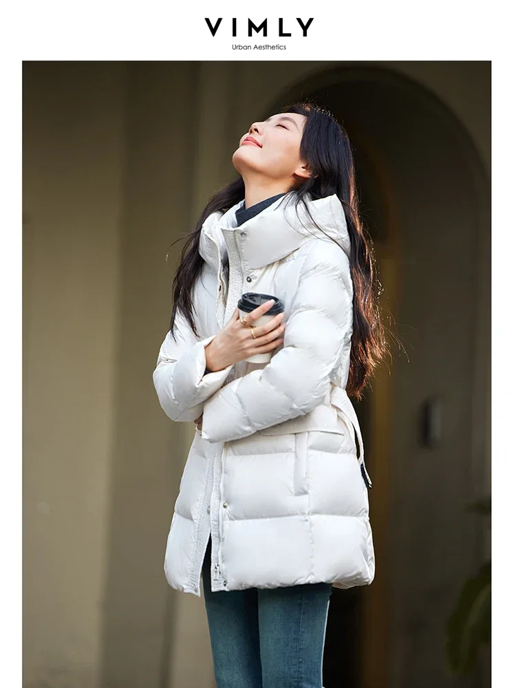 VIMLY Women Casual Puffer Duck Down Jacket Winter Simple Long Down Coats Stand Collar Hooded Thick Warm Windproof Overcoats50669