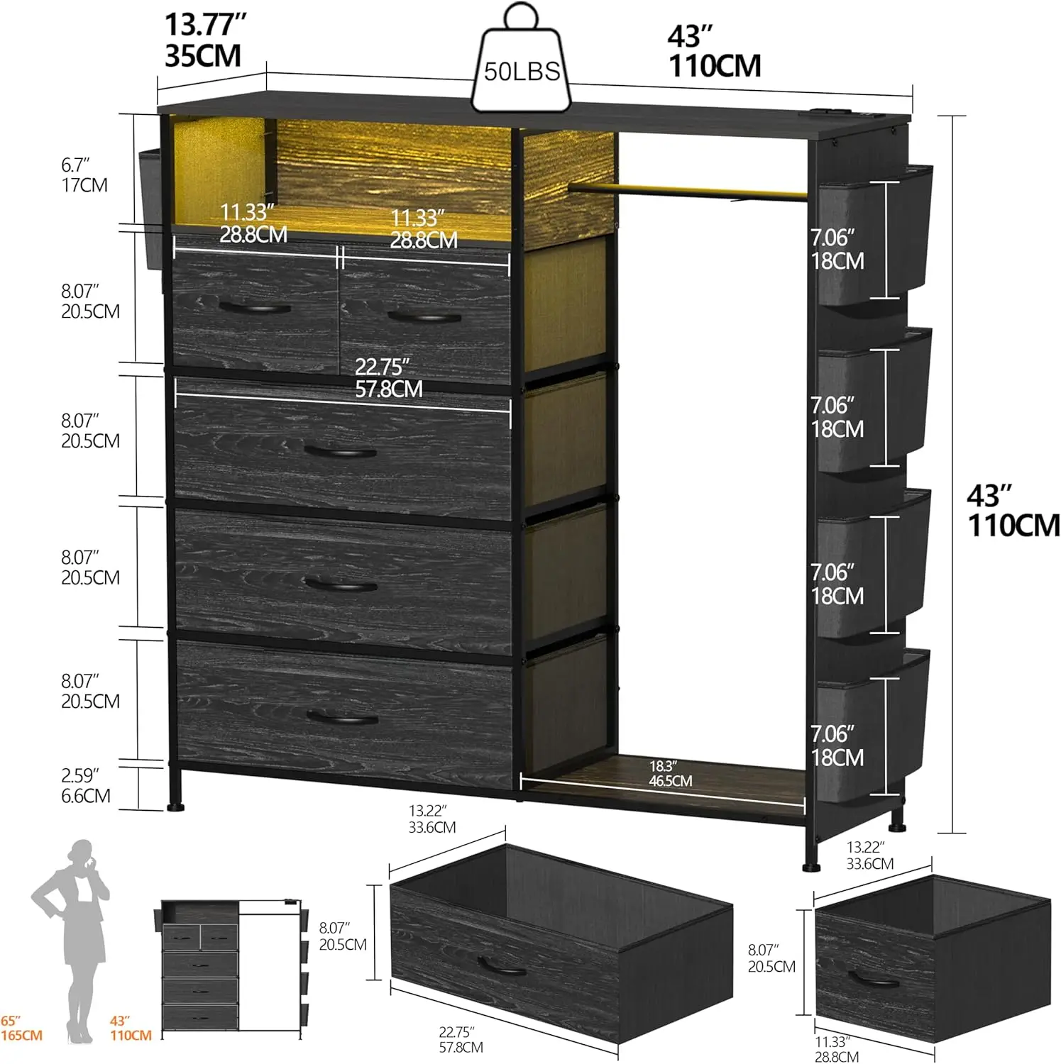 خزانة ملابس لغرفة النوم مع رف ملابس وجيوب جانبية 5 أدراج مع محطة شحن وأضواء LED وخزانة تخزين سوداء #3