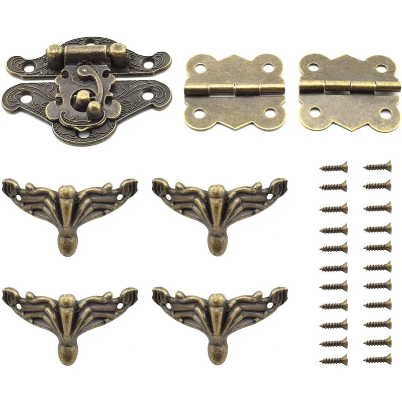 Vintage Bronze Furniture Decoration Accessories Set (Including One Latch, Two Hinges, and Four Feet)