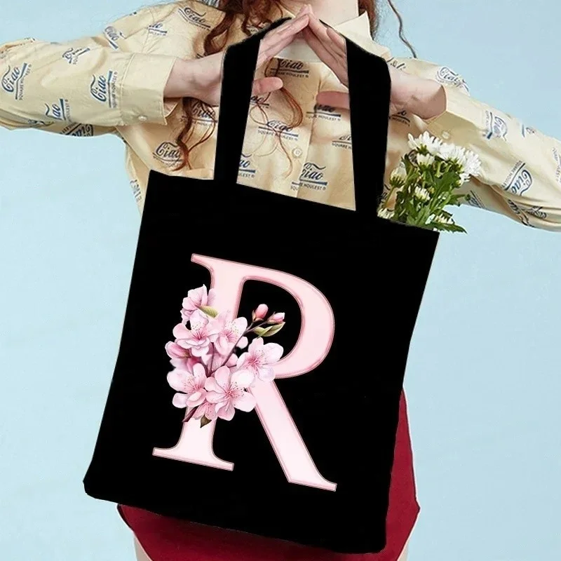 Black Sakura Alphabet Canvas Tote Bag Vintage Aesthetic Shoulder Bag for Women Students Large Capacity Book Handbag Eco-friendly
