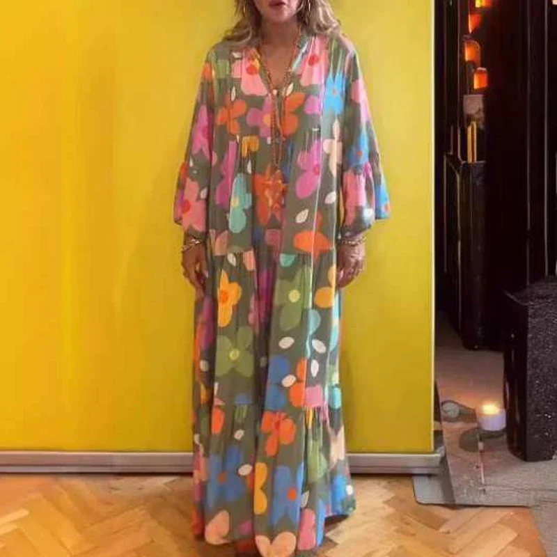 

Vintage Summer Floral Print Bohemian Slim Women's Long Dress Vintage Elegant Pagoda Sleeve V Neck Party Dresses vestidos Largos