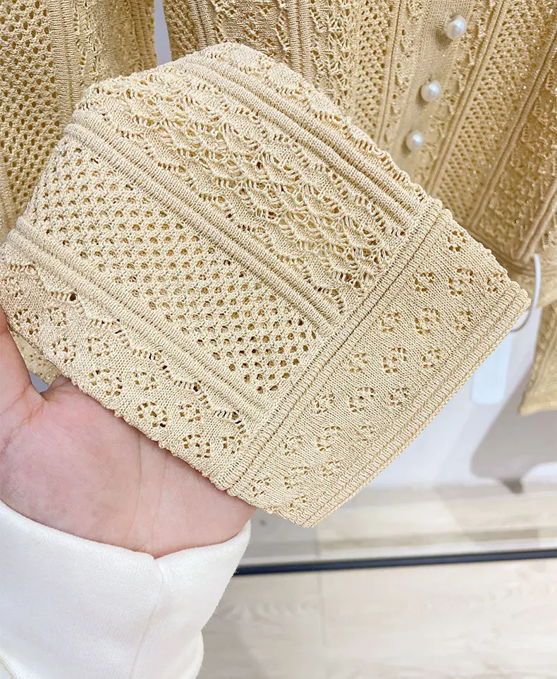 

Women Knit Cardigan Long Sleeve Pearl Buttons Hollow Out Sweater Knitwear or A-Line Midi Skirt for Female