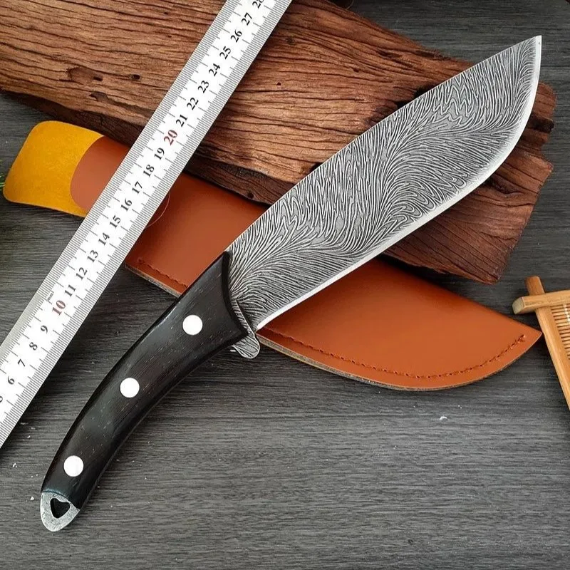 Gorgeous Feather Pattern Kitchen Knife, 5MM Thickness Chopper, Solid Wood Handle, Meat Cutter, One Piece Body