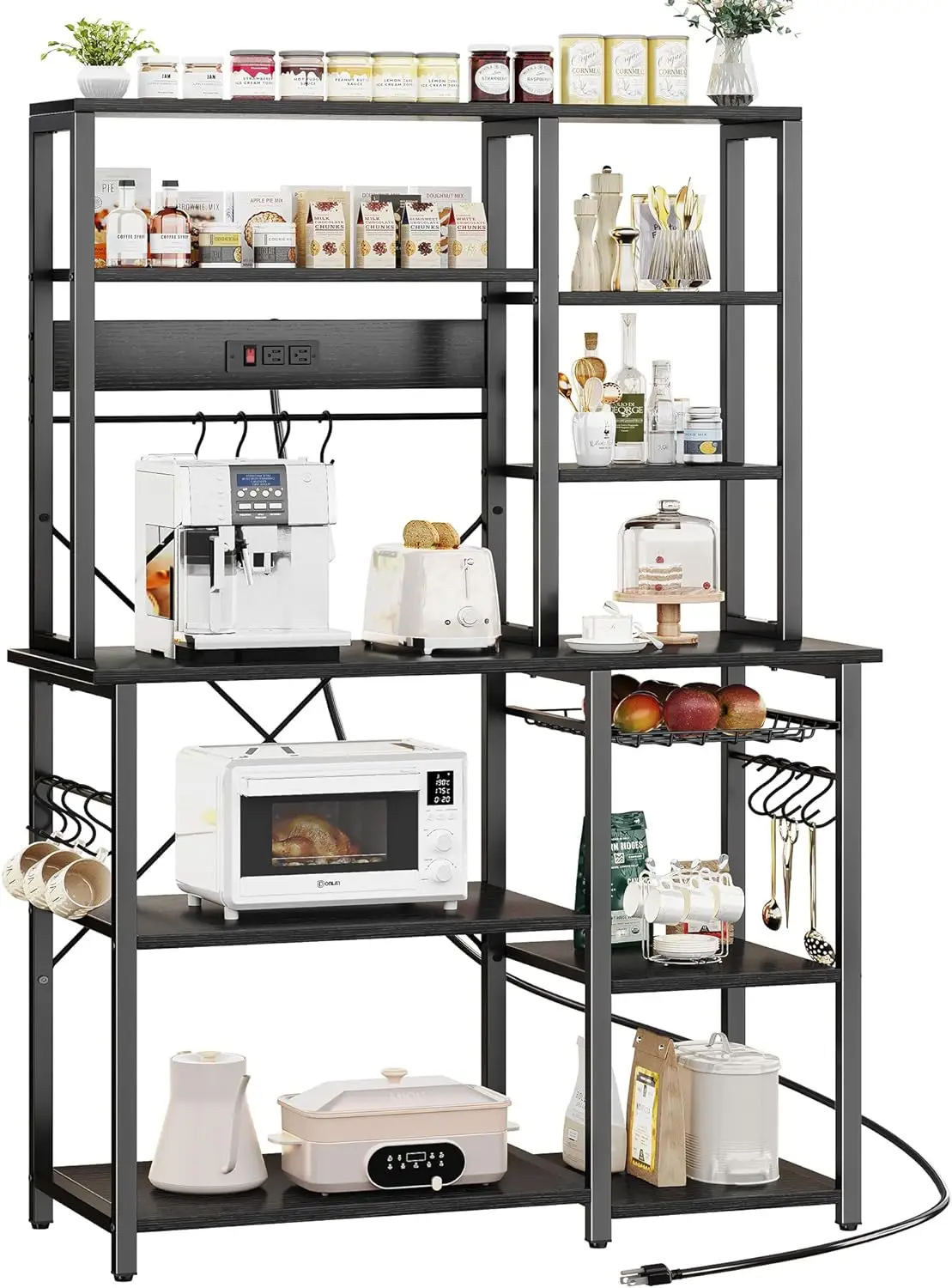 

6Tier Microwave Stand, Coffee Bar with 12 S-Shaped Hooks, Kitchen Shelf with Wire Basket, 39.3 x 15.5 x 66.9 Inches, Black