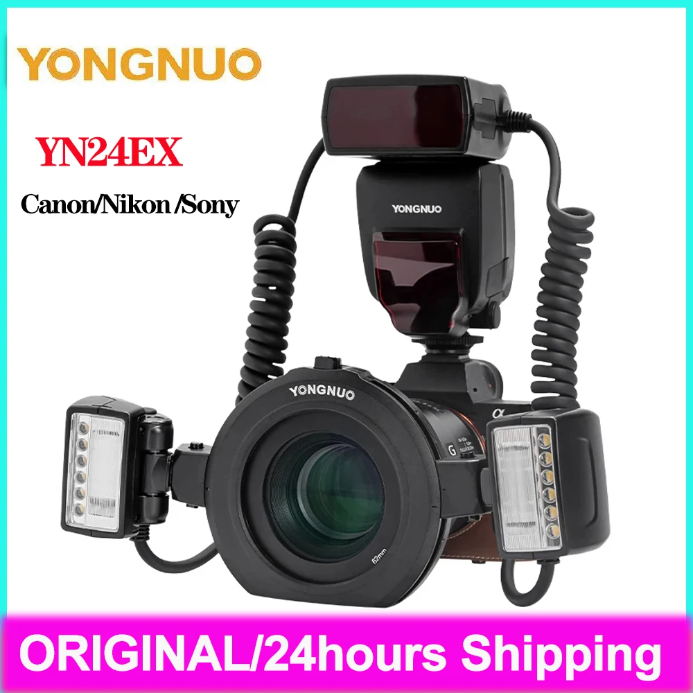 YONGNUO YN24EX TTL Macro Ring Flash Speedlite with 2 Flash Head 4 Adapter Rings for Canon Nikon Camera Video Picture Photography