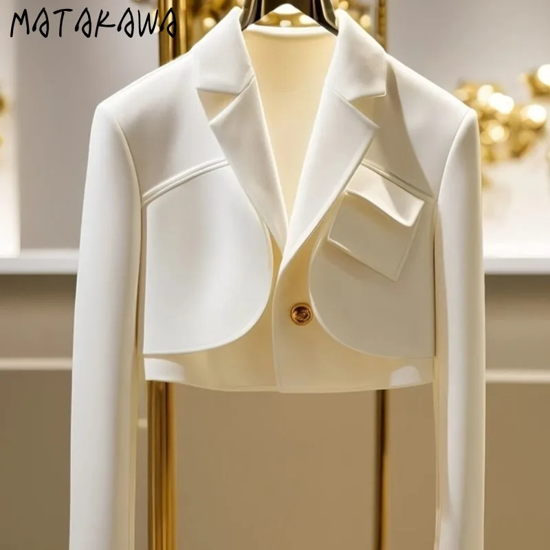 

Короткие пиджаки Matakawa Mujer с карманами, однотонный белый осенне-зимний женский пиджак, корейский модный элегантный тонкий Chaquetas Mujer