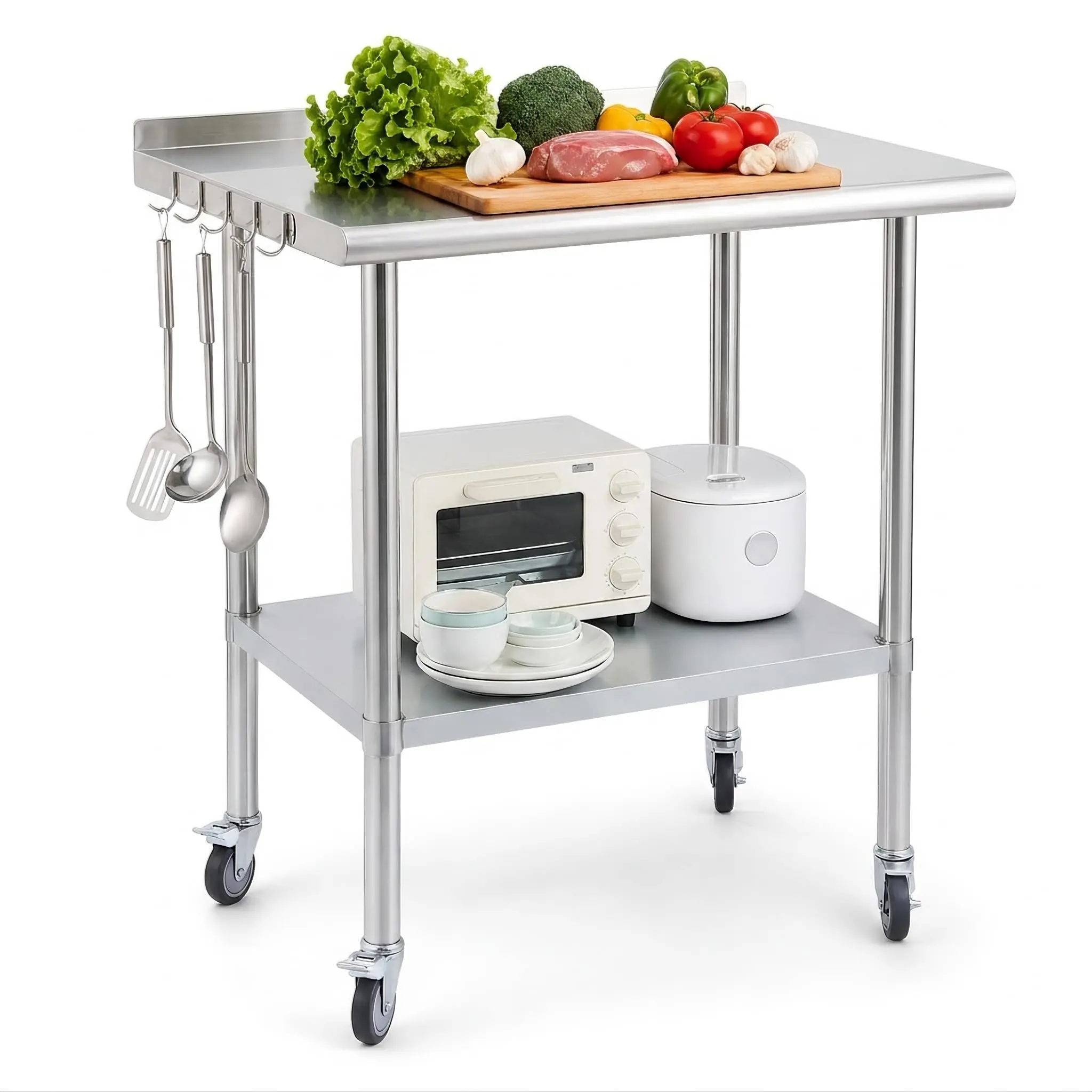 Stainless Steel Prep Table, Commercial Kitchen Worktable with Backsplash, Shelves and Locking Casters, Heavy Duty Mobile Utility Workbench for Restaurant, BBQ, Laundry Room and Home Storage