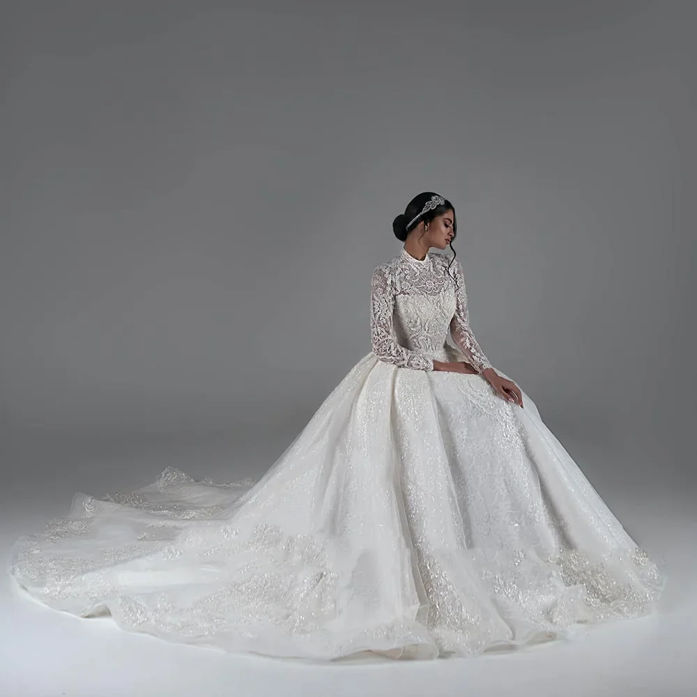 Flavinke Customized O-Neck Pearls Back Long Sleeve Appliques Sequins Lace Princess Ball Gown Wedding Dresses Vestido De Novia