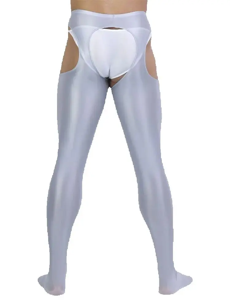 Women Full Leggings Satin Shiny Pencil Pants Oil Glossy Candy Color Smooth Crotchless Shaping Pants Tights Hollow Out Elastic