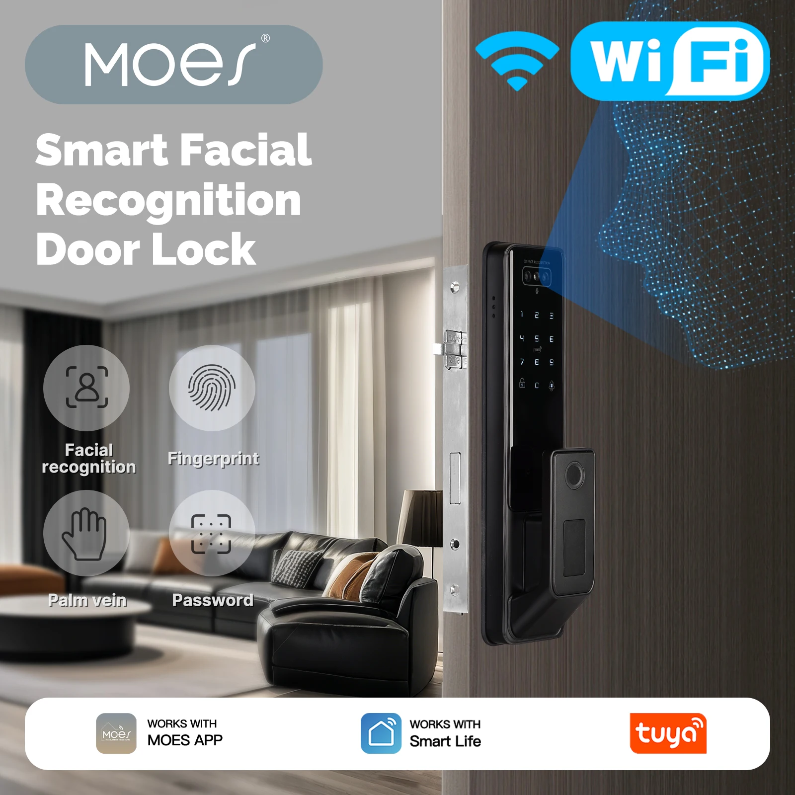 

MOES Tuya WiFi Smart Door Lock Facial Palm Vein Recognition Remote Fingerprint Password IC Card Unlock Indoor Battery Powered