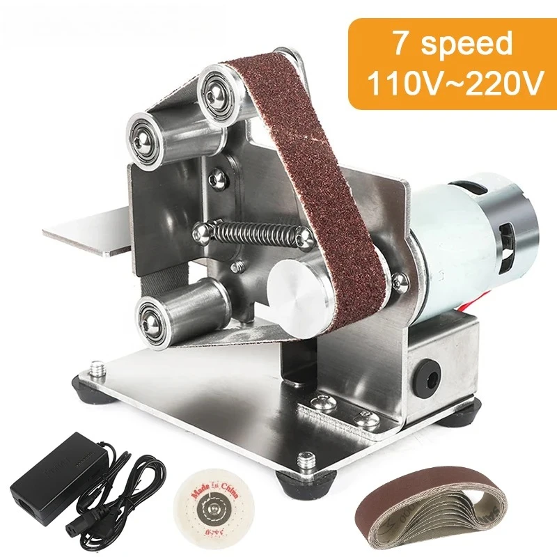Mini Electric Belt Sander Grinder 110V~220V Adjustable Speed Cutter Edges Sharpener Polishing Grinding Machine with 10PCS Belts