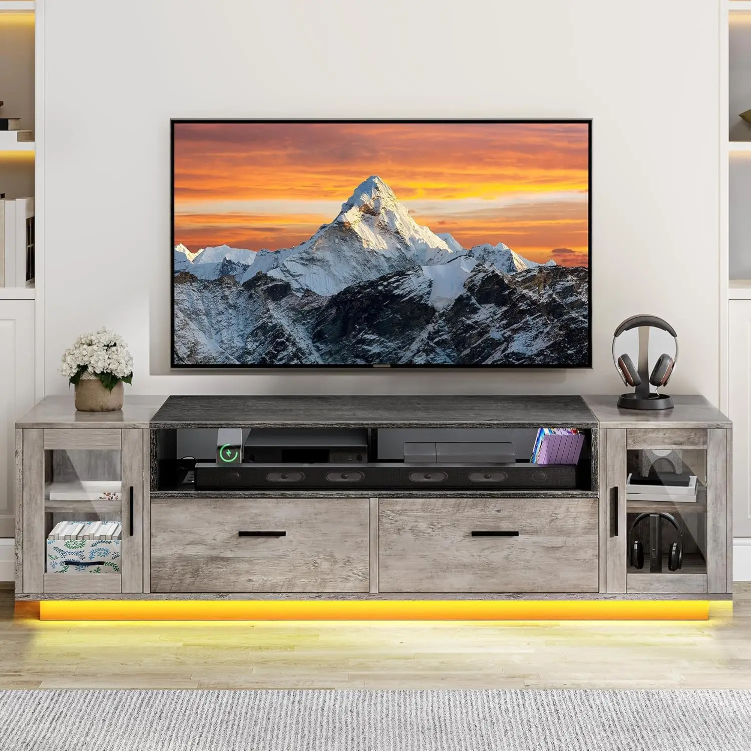 

TV Stands for Living Room, Farmhouse TV Stand for 65/70 inch TV, LED TV Entertainment Center with Storage & Power Outlets