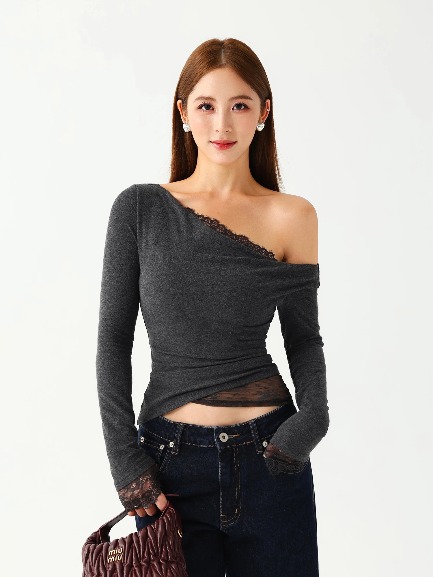 Elegant Long Sleeve Lace T-Shirt Women's Side Shoulder Ruffle Neck Splice Design Slim Fit Inner Wear Top by NEVA HU