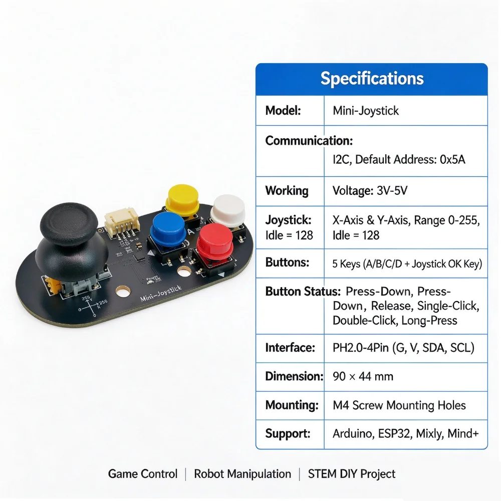 `Mini‑Joystick I2C Game Controller Module 2‑Axis Joystick with 5 Buttons(A B C D OK) 3‑5V PH2.0‑4Pin Addr 0x5A For Arduino ESP32