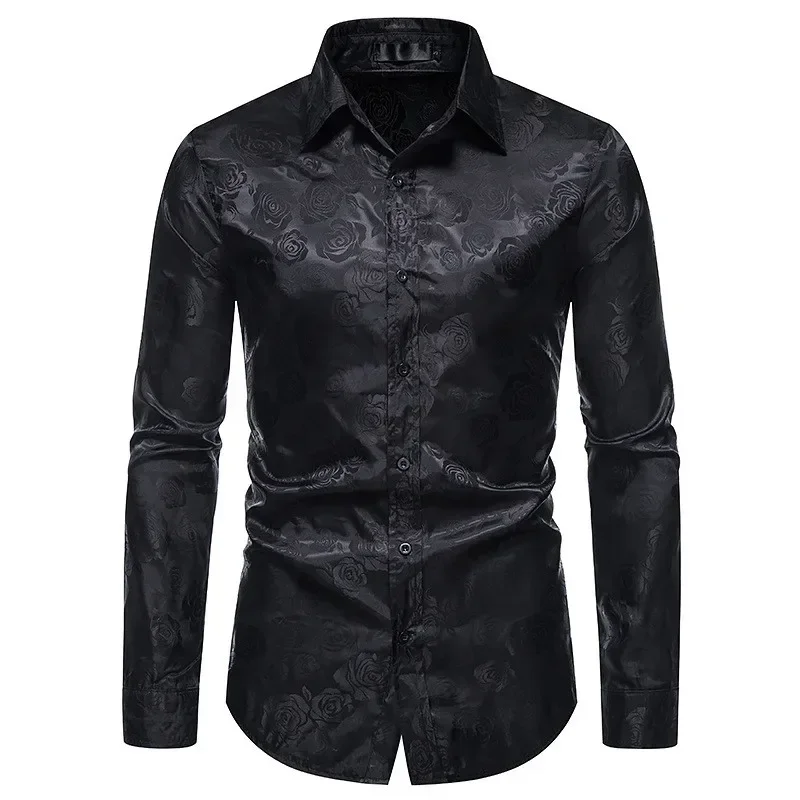 

Men's Luxury Jacquard Long Sleeve Floral Dress Shirt Shiny Satin Slik Like Wedding Party Prom Shirts