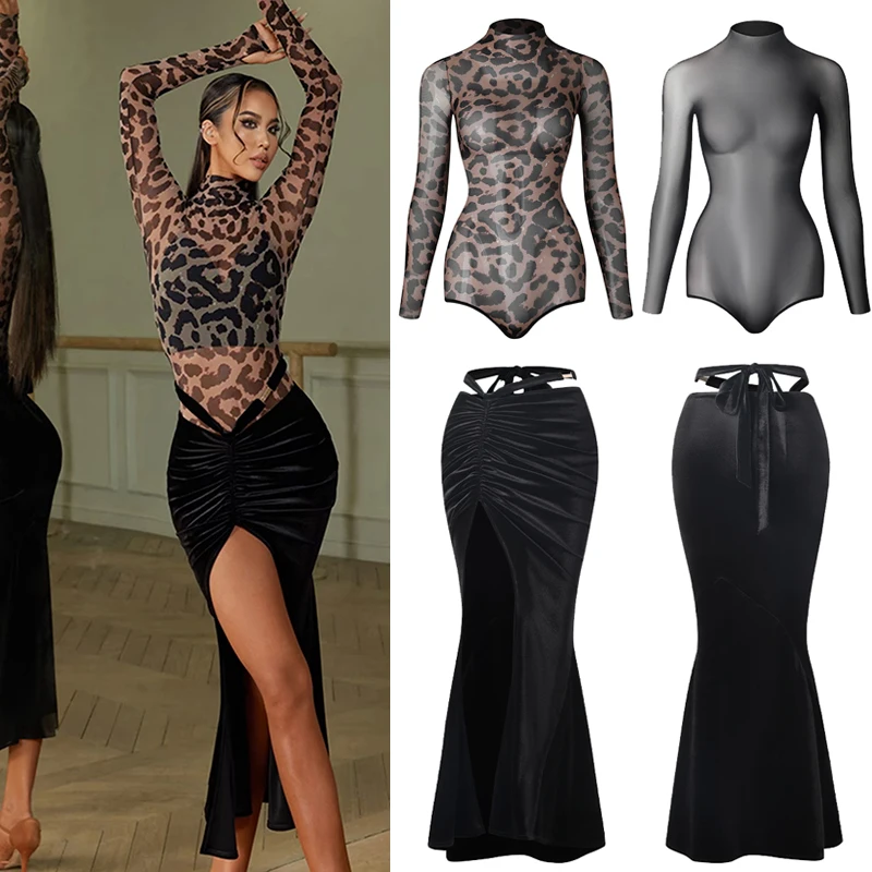 

New Latin Dance Costume Women Mesh Long Sleeves Tops Black Velvet Skirt Tango Rumba Ballroom Dance Clothes Show Wear DNV18538