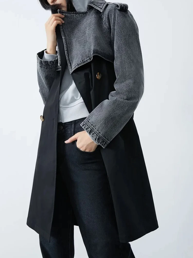 DEAT Womne\'s Trech Coat Patchwork Notched Collar Denim Long Sleeve Belt Waist Black Windbreaker 2024 Autumn New Fashion 29L7840