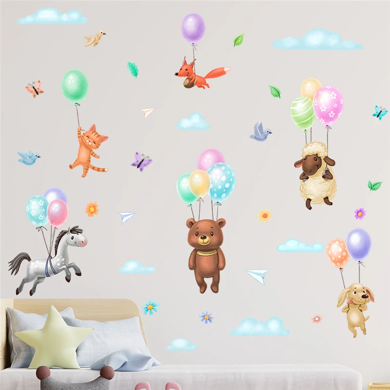 Happy Animals Hanging On Colorful Balloon Wall Sticker For Home Decoration Cartoon Safari Mural Art Kids Room Decals Pvc Poster