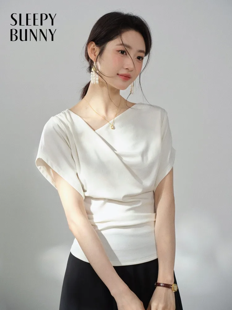 

Women Draped Neck T Shirt Batwing Sleeve Top Slim Waist Cinched Tee Elegant Soft Summer Casual Commuter Outfit Lady Chic Style