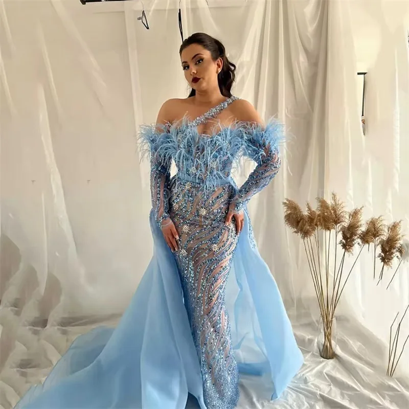 Sky Blue Long Sleeves Middle Eastern Evening Dresses Feather Beaded Saudi Arabia Dubai Robe De Soiree Prom Dress Gown Customized