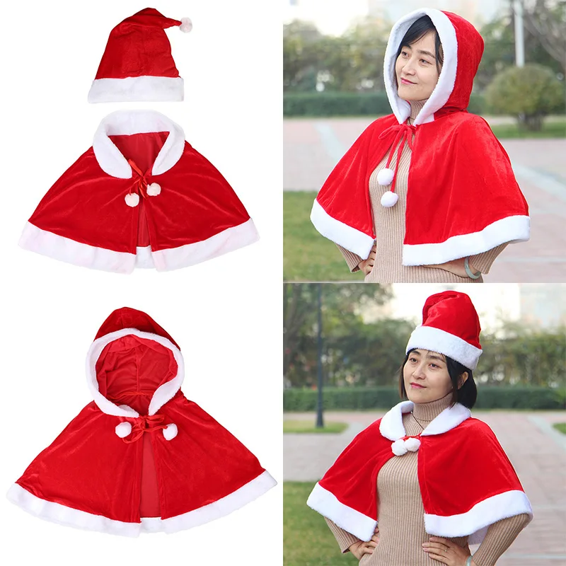 Christmas Adults Kids Cloak Soft Hooded Cape with Plush Balls Lace-Up Hooded Cloak Role Play Party Costumes