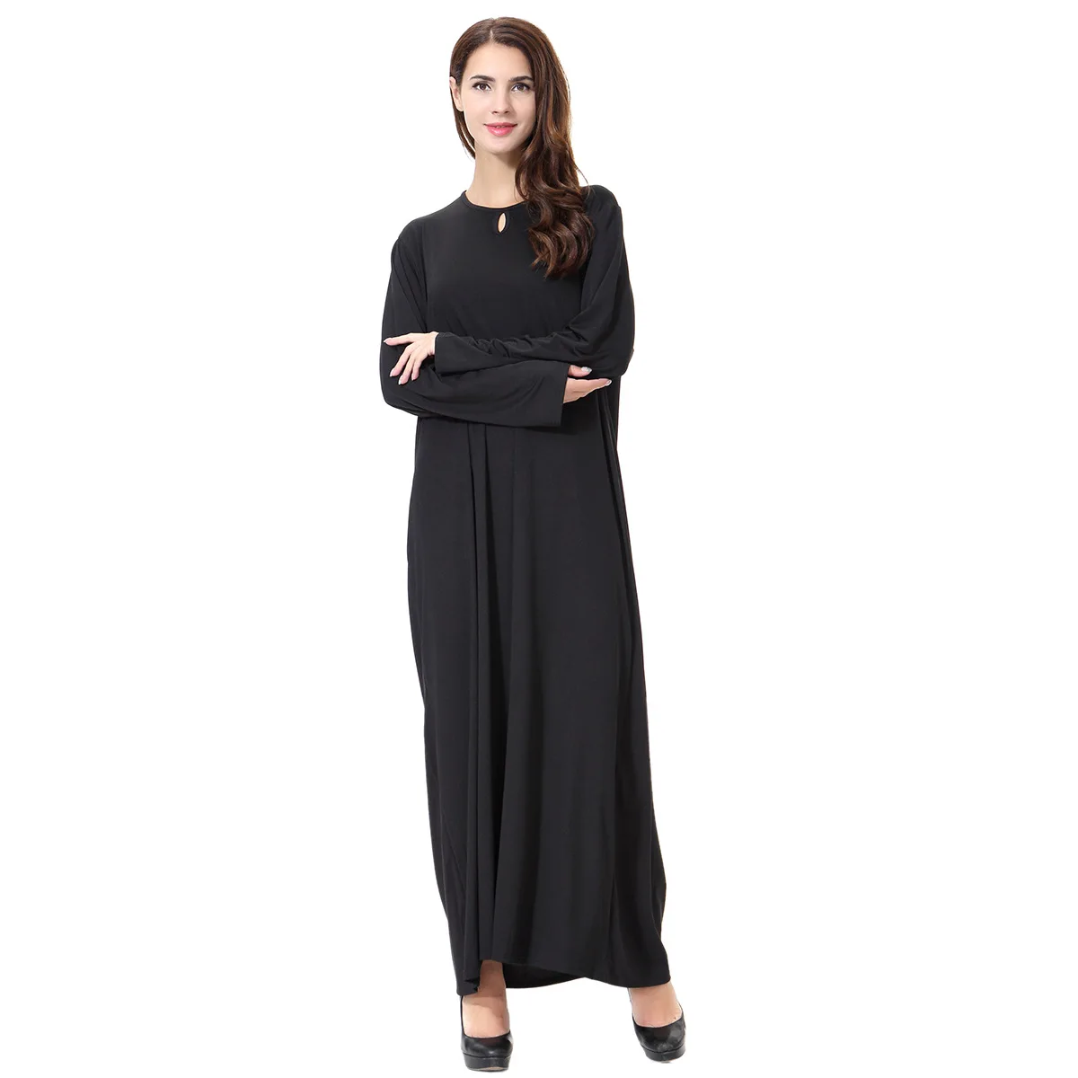 Pure Color Long Dr Overhead Sle for Women Middle Waist Large Hem Swing Skirt Traditional Arab Dr for Autumn Season