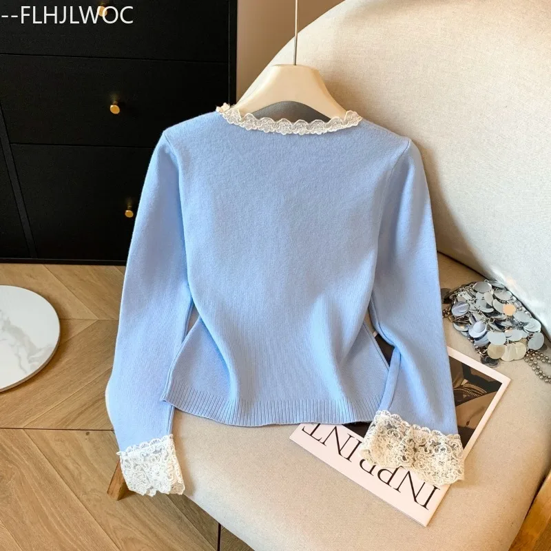 ربطة القوس فيونكة القمم لاعبا البلوفرات السنة الجديدة أزياء المرأة لطيف الحلو اليابان نمط الفتيات المرقعة الدانتيل الأبيض محبوك البلوزات #3