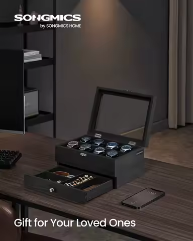 SONGMICS 8-Slot Watch Box, 2-Tier Display Case With Large Glass Lid, Removable Pillows, Velvet Lining, Jewelry Box, Gift Idea,