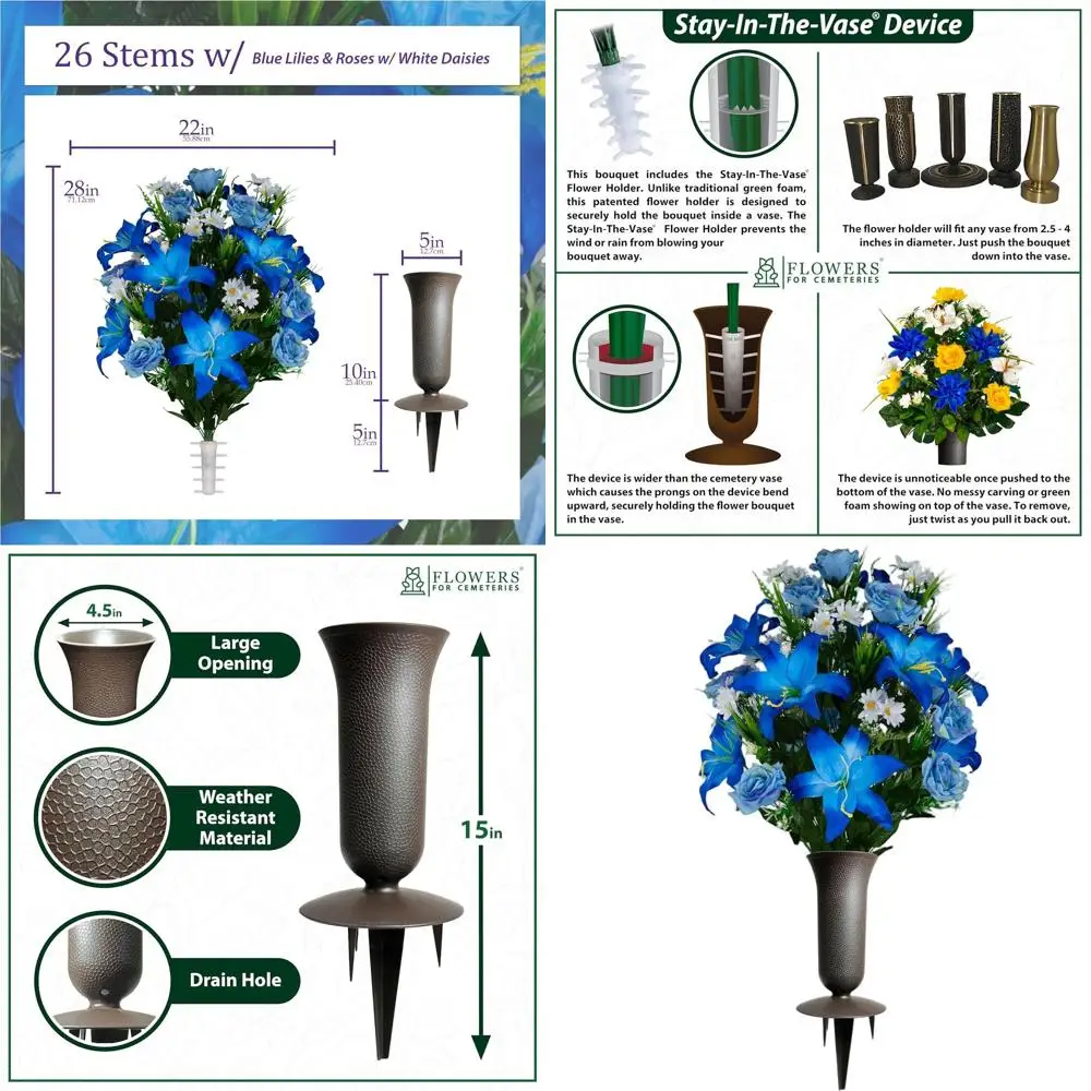 

Ваза для кладбища с синими лилиями, розами и белыми маргаритками - Цветочная композиция для могилы