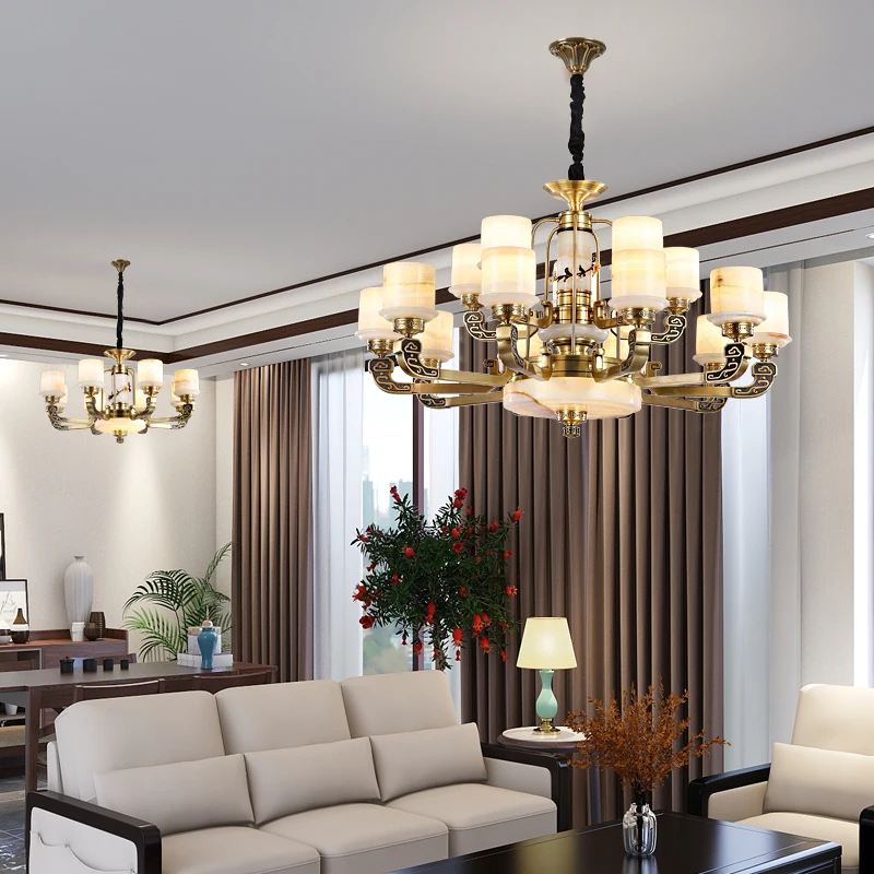 

New Chinese Chandelier All Copper Jade Living Room Lights Atmospheric Restaurant Lights European Luxury Duplex Villa Hall Lamps