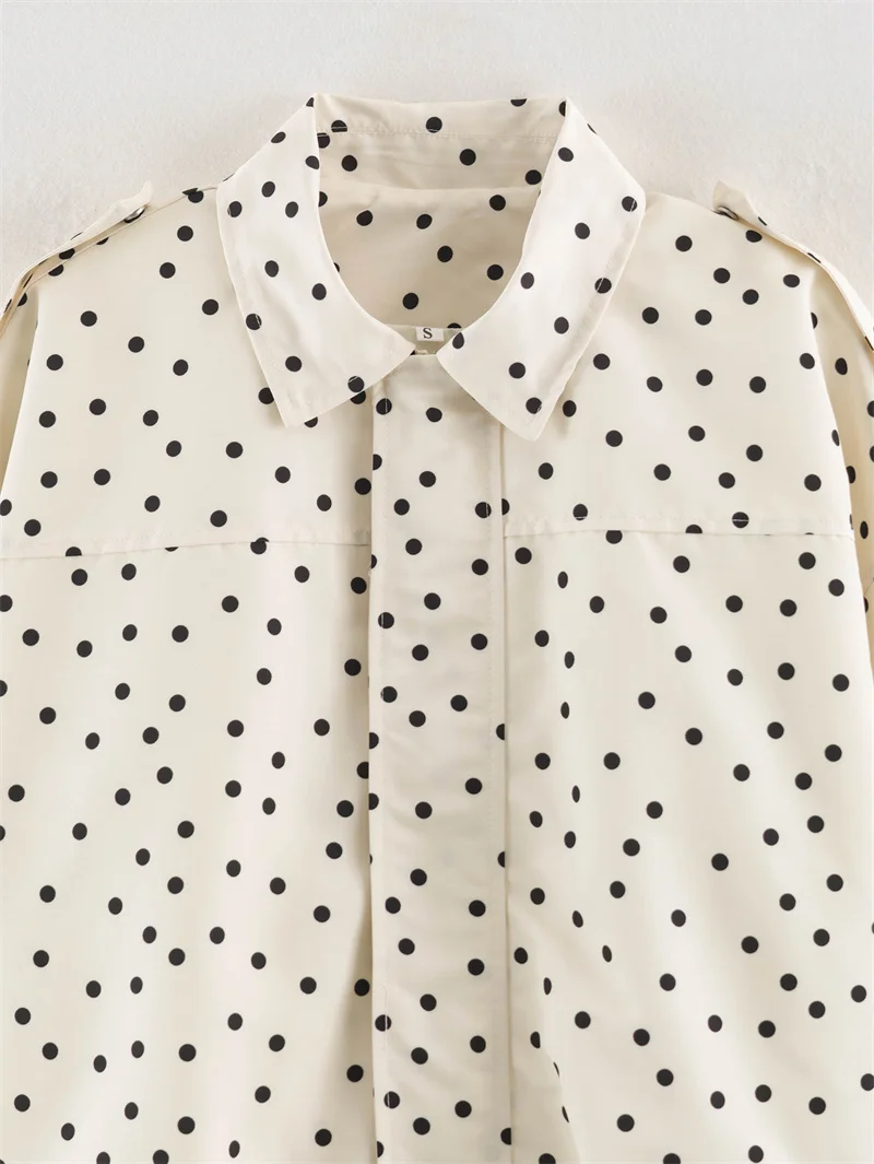 Guobioziy 2026 Autumn Women Polka Dot Cropped Trench Jacket Lapel Collar Shoulder Strap Loose Long Sleeve Casual Outerwear