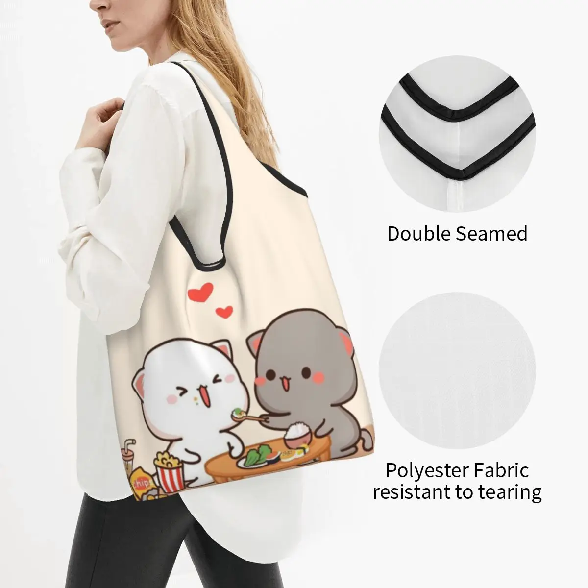 Custom Funny Cute Mochi Peach And Goma Cat Shopping Tote Bag Portable Grocery Shopper Shoulder Bag