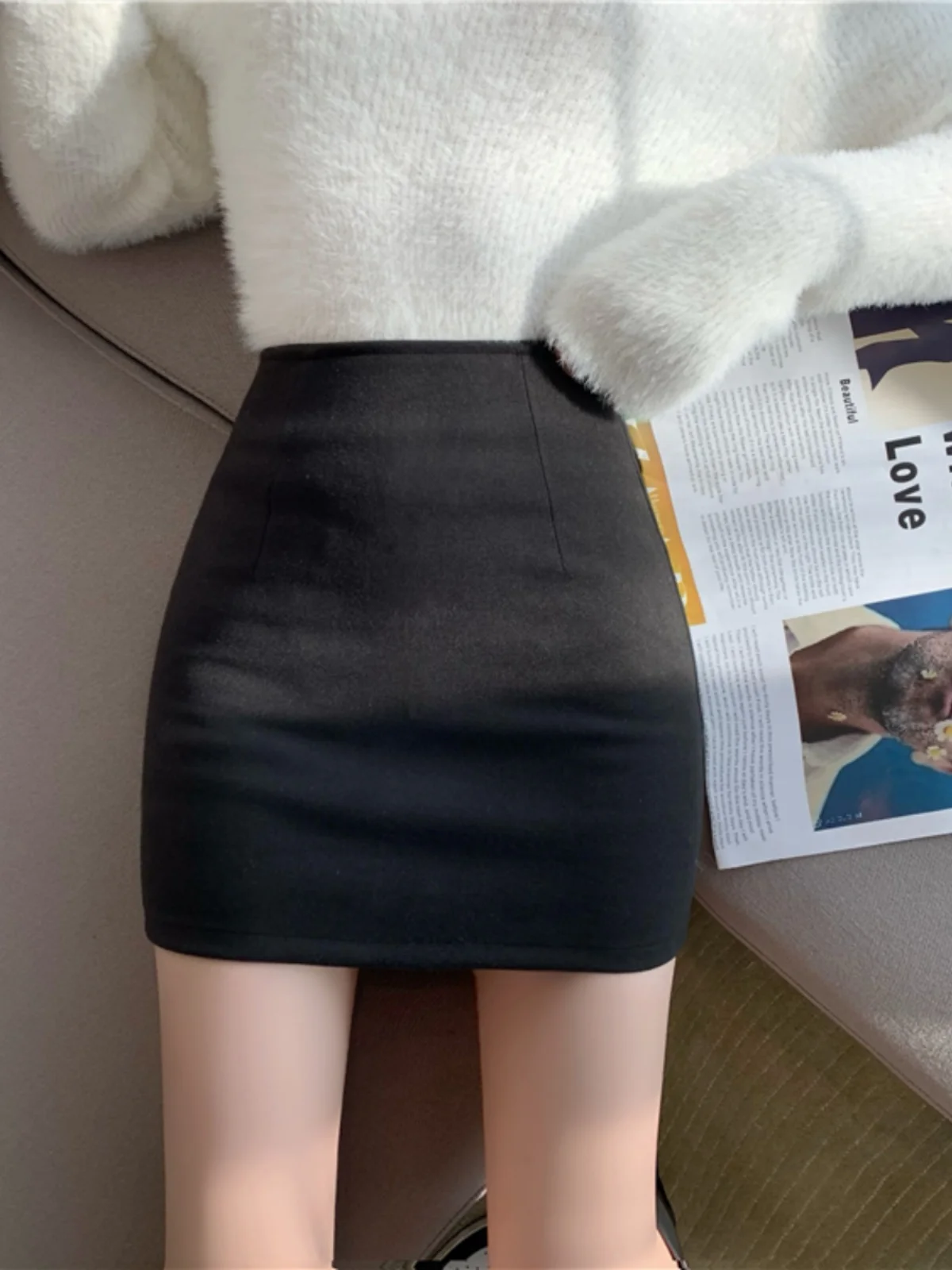Sexy Slim Fit High Waist Woolen  Skirt Versatile Short Skirt Korean Style Commute Pure Color A-Line Polyester Fiber