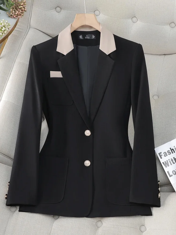 Contrast Color Blazers Women 2024 Office Ladies Turn Down Collar Single Button Jacket Casual New Fashion Slim Coats Y2K