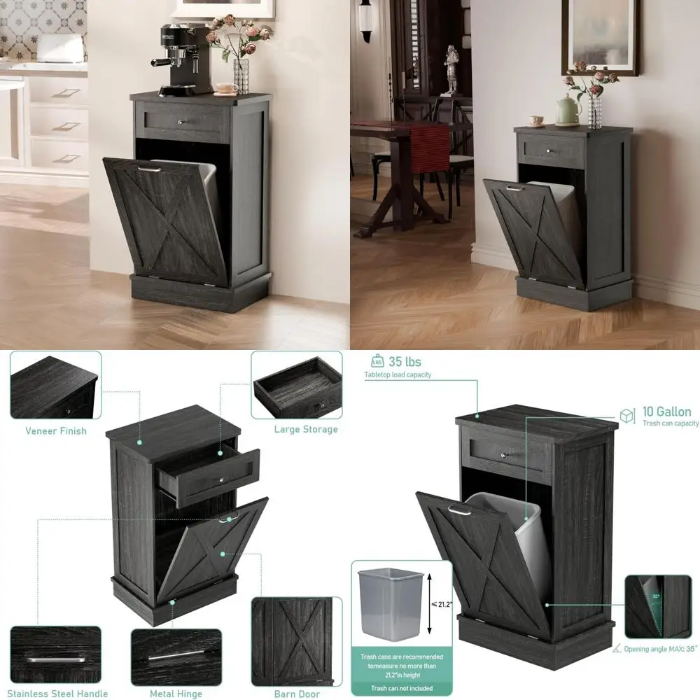 

Отдельно стоящий 10-галонный деревянный мусорный шкаф с дверью сарая для кухни в стиле фермерского дома и гостиной