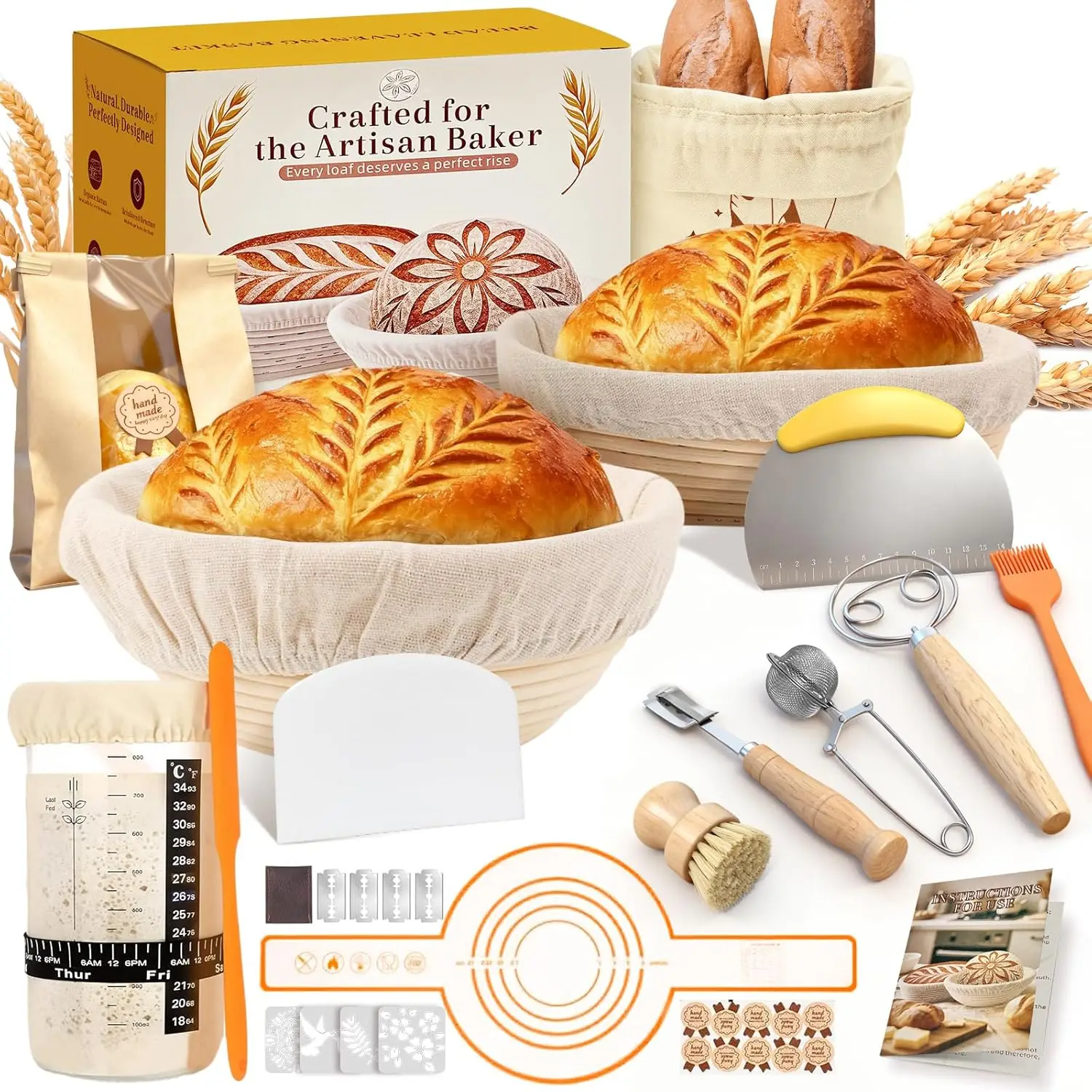 

Complete Sourdough Starter Kit with Natural Rattan Proofing Baskets & Full Accessories for Beginners