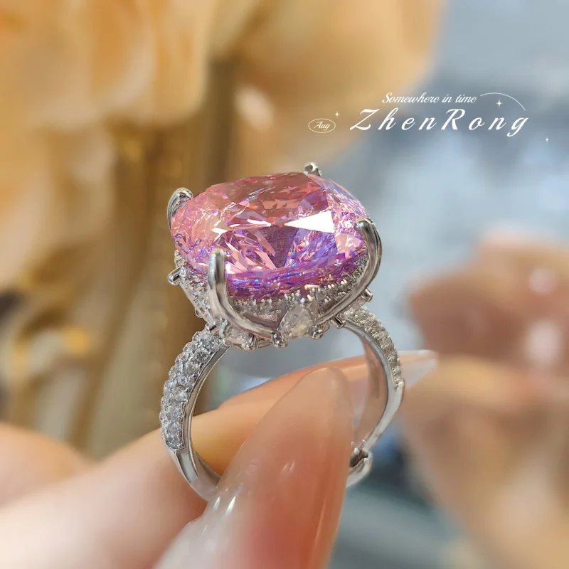 New Trend: Engraved High-Carbon Content Diamond Square Gemstone Ring, Women's Party Jewelry